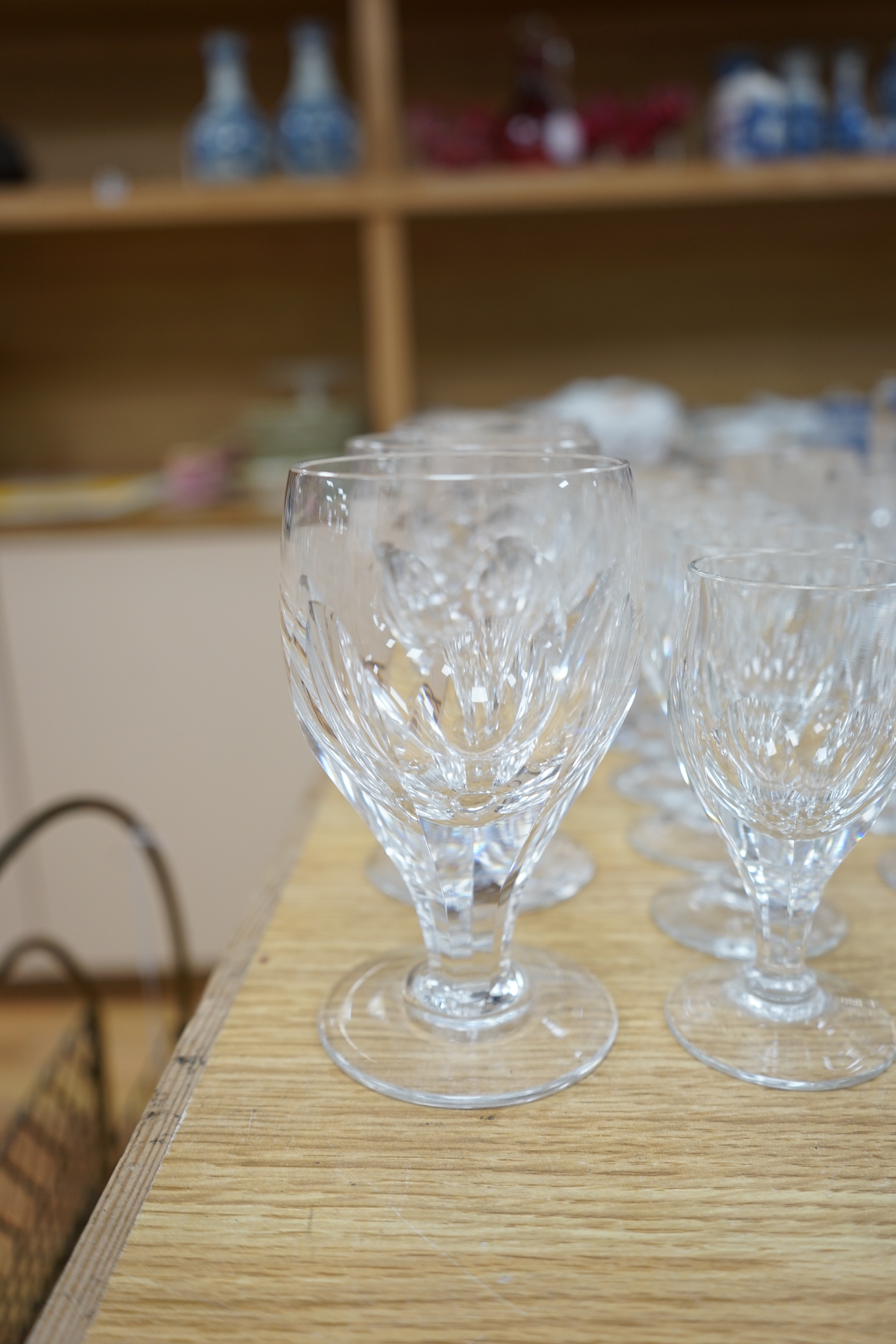 A collection of drinking glasses, including wine glasses, tumblers, champagne flutes, etc. Condition - good.